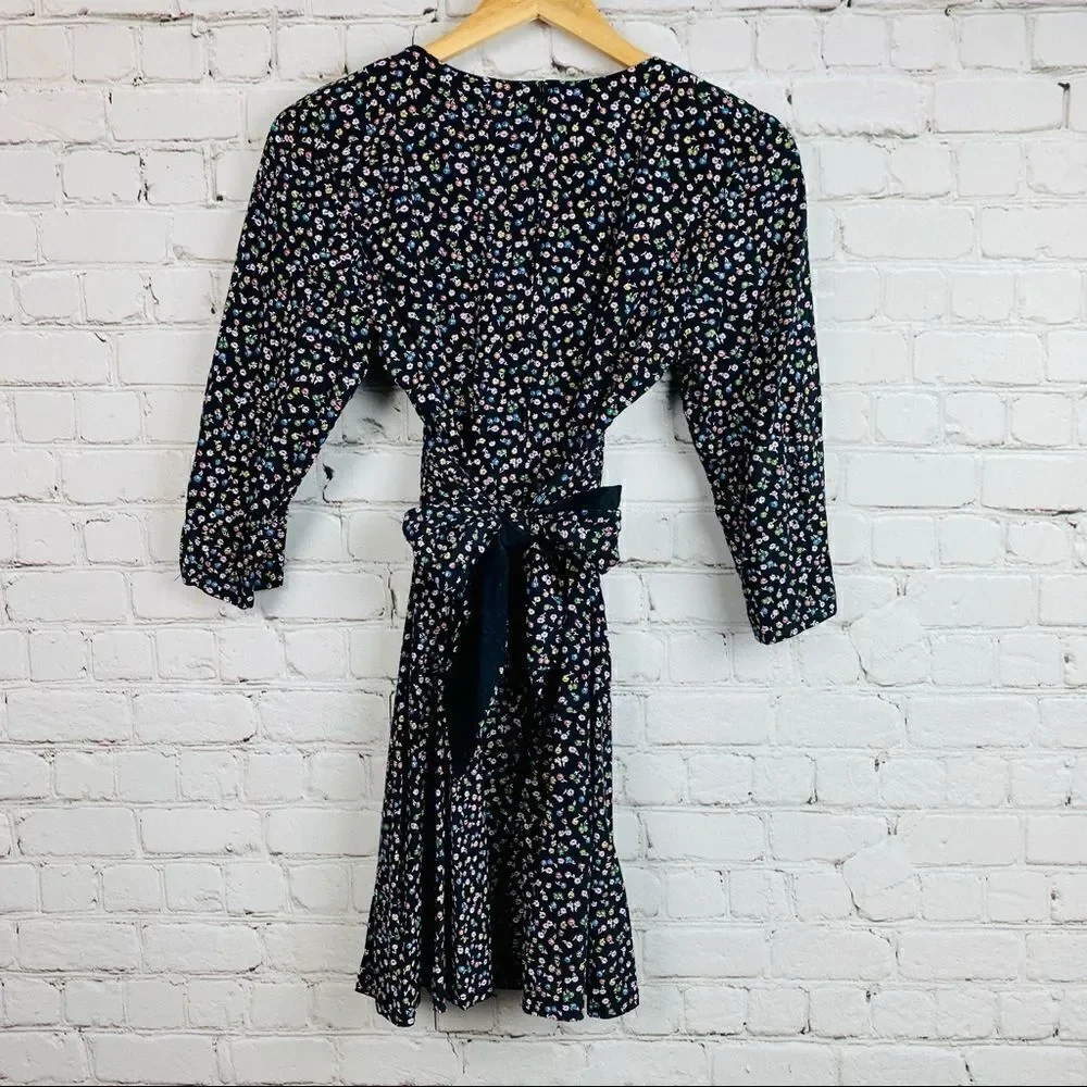 VTG 80s SL Petite Dagger Collar Navy Floral Tie Back Mini Dress Long Sleeves
